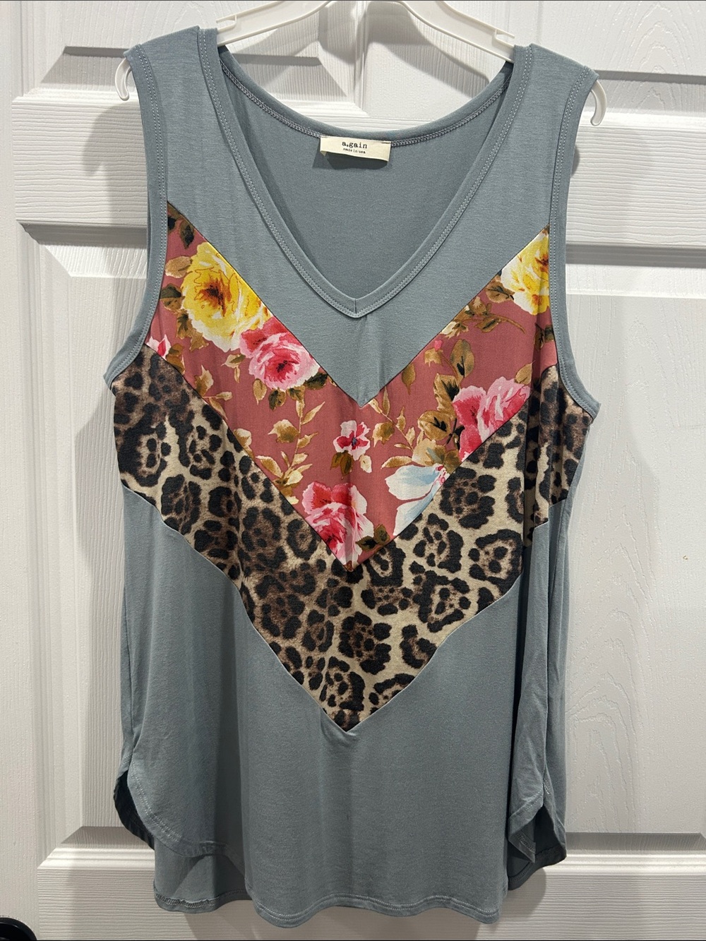 a.gain NWOT Dusty Blue Tank with Floral & Leopard Chevron Panels